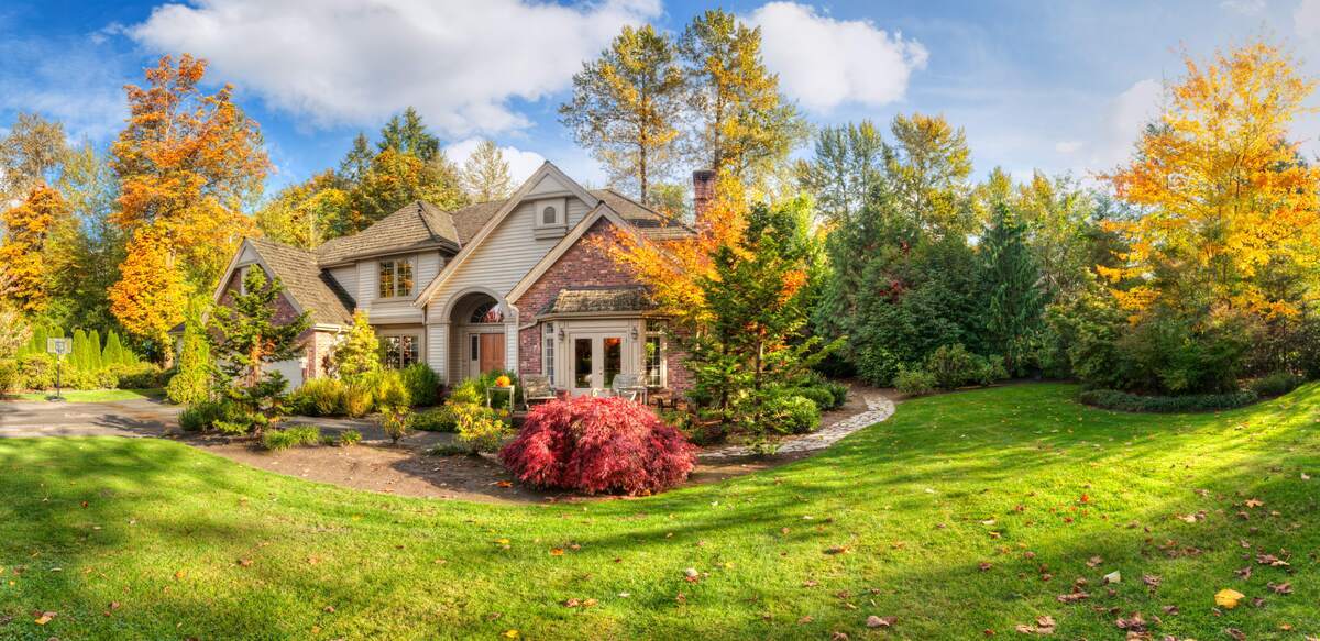 A large suburban home with an attractive lawn surrounded by trees in full fall colors. 