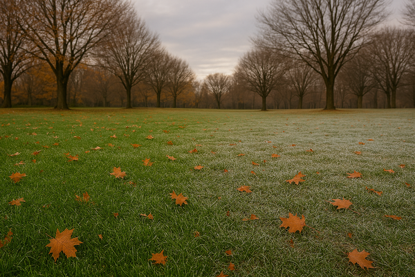 Leaves upon the ground with bare trees in an autumn landscape